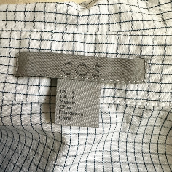 COS Women’s 3/4 Sleeve 1/4 Button Up Blue White Grid Print High Low Hem Size 6 - Picture 4 of 9